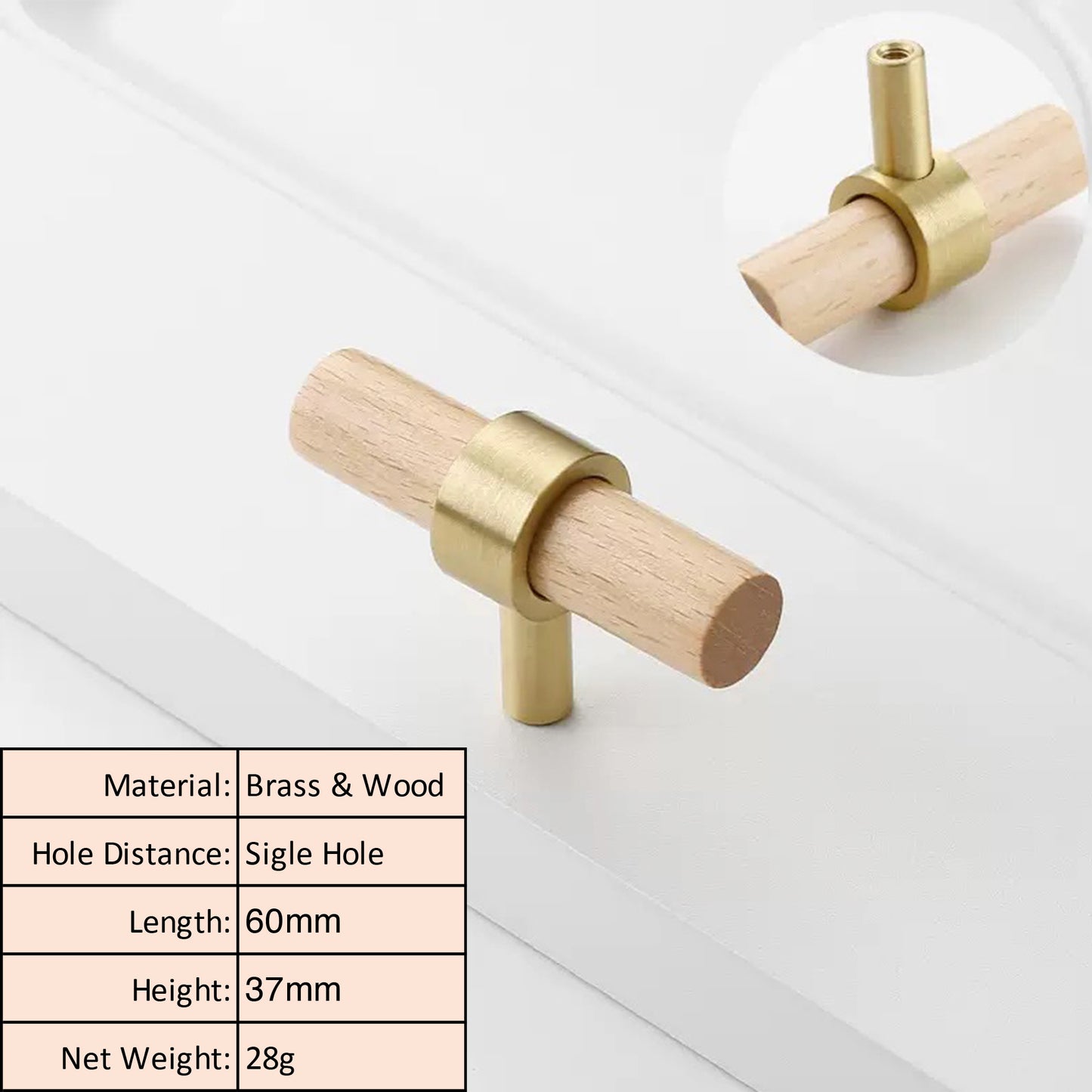Beech Wood Cabinet Pull with Solid Brass