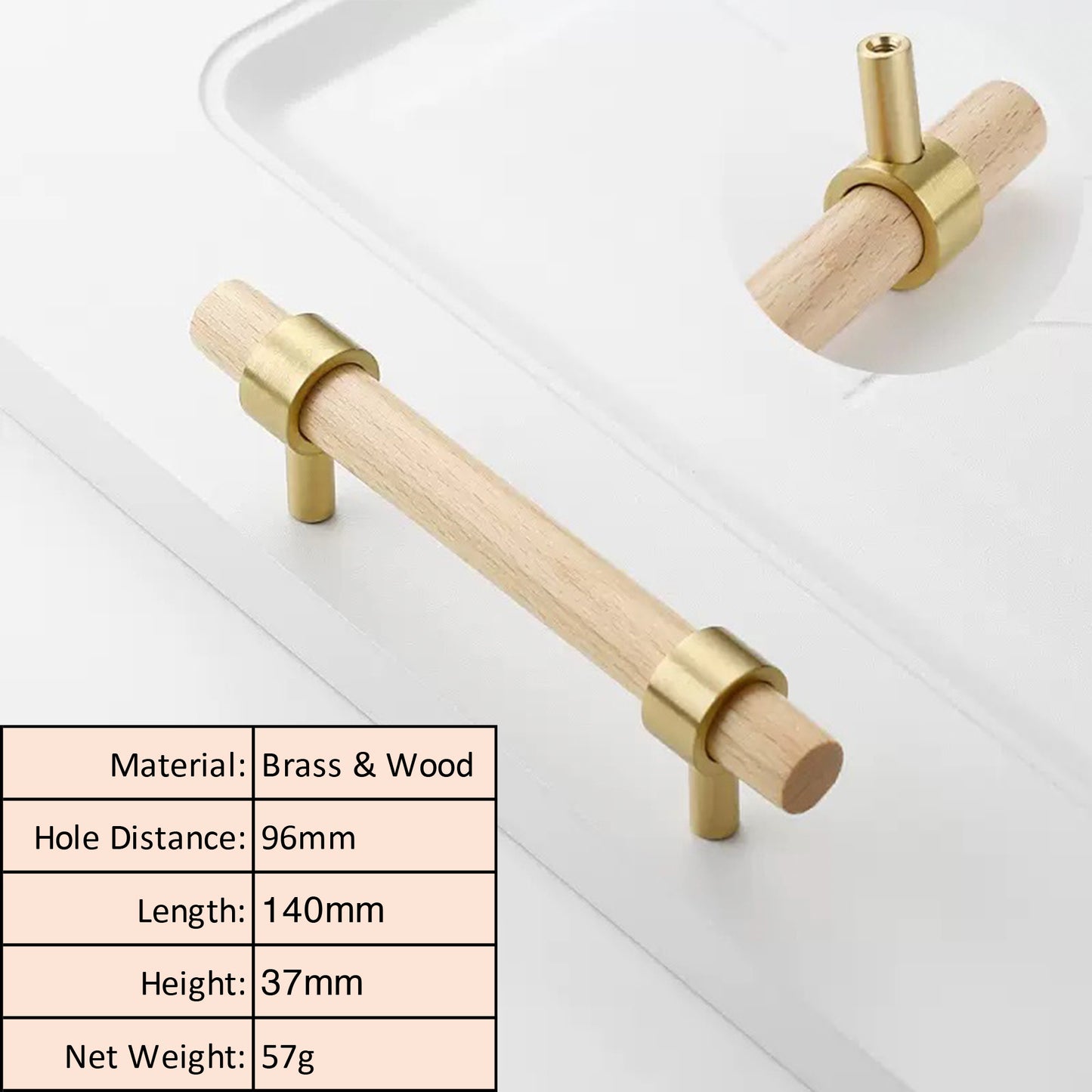 Beech Wood Cabinet Pull with Solid Brass