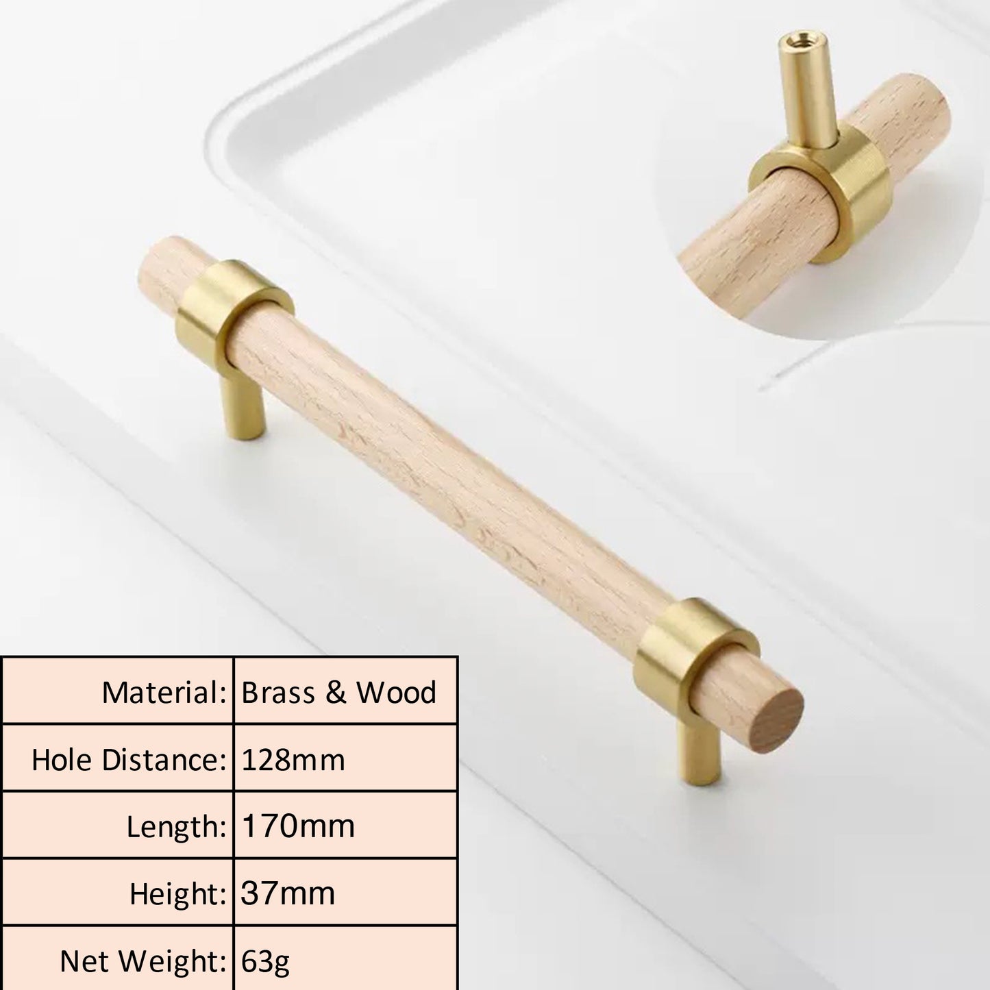 Beech Wood Cabinet Pull with Solid Brass