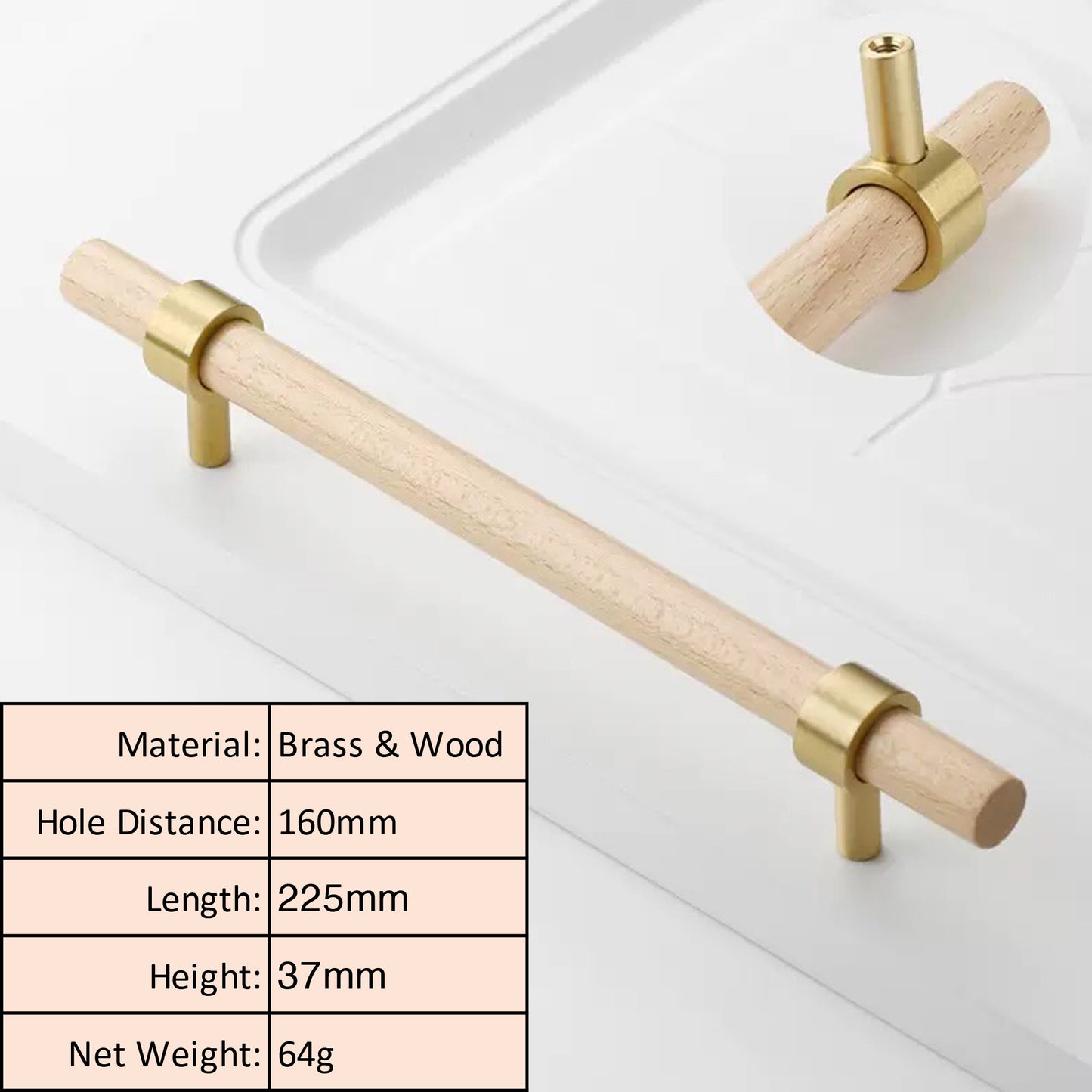 Beech Wood Cabinet Pull with Solid Brass