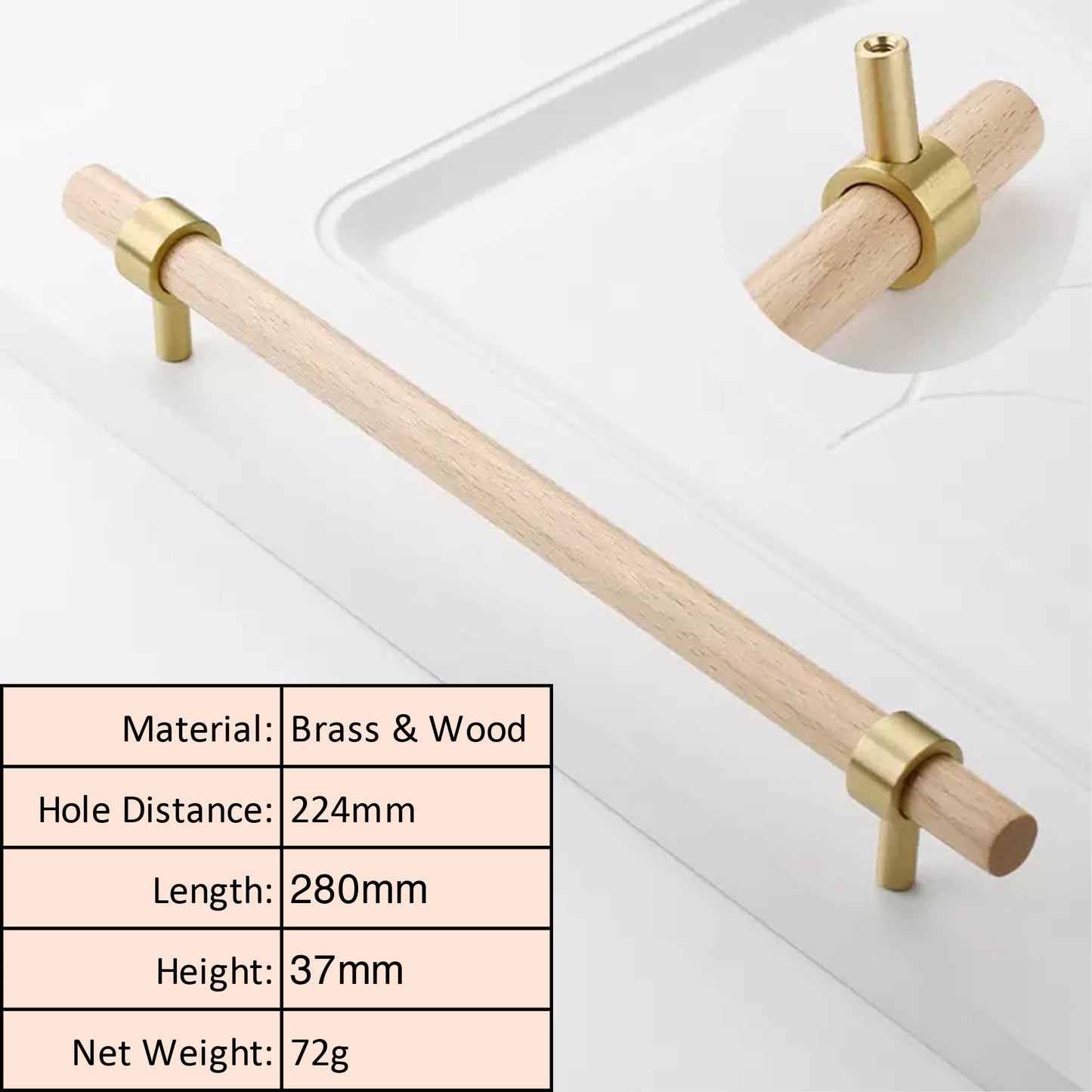 Beech Wood Cabinet Pull with Solid Brass
