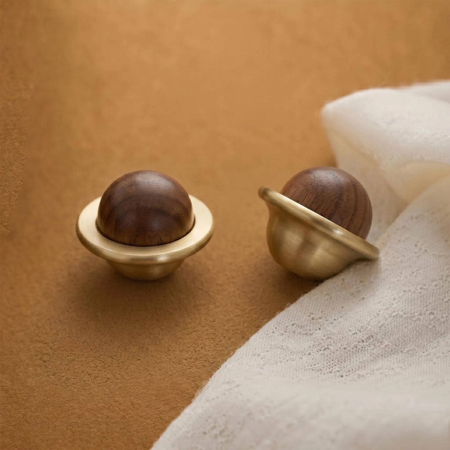 Walnut Wood and Solid Brass Cabinet Knob Planet Shape