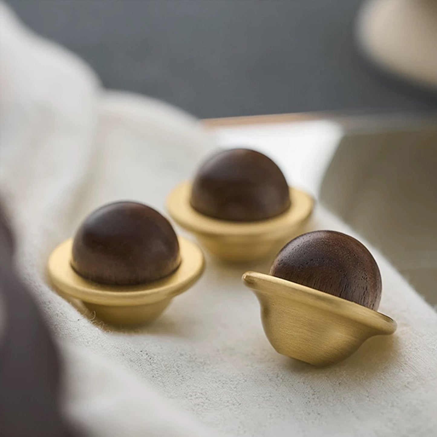 Walnut Wood and Solid Brass Cabinet Knob Planet Shape