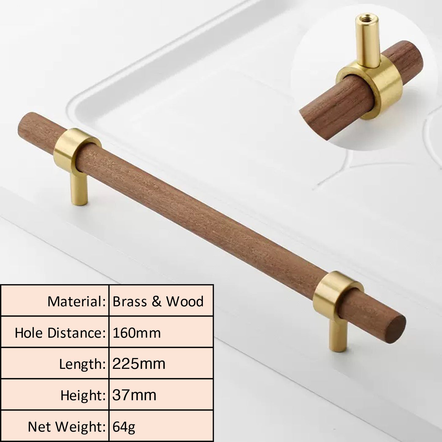 Walnut Wood Cabinet Pull with Solid Brass