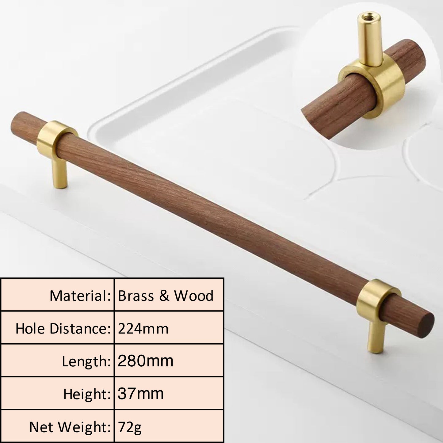 Walnut Wood Cabinet Pull with Solid Brass