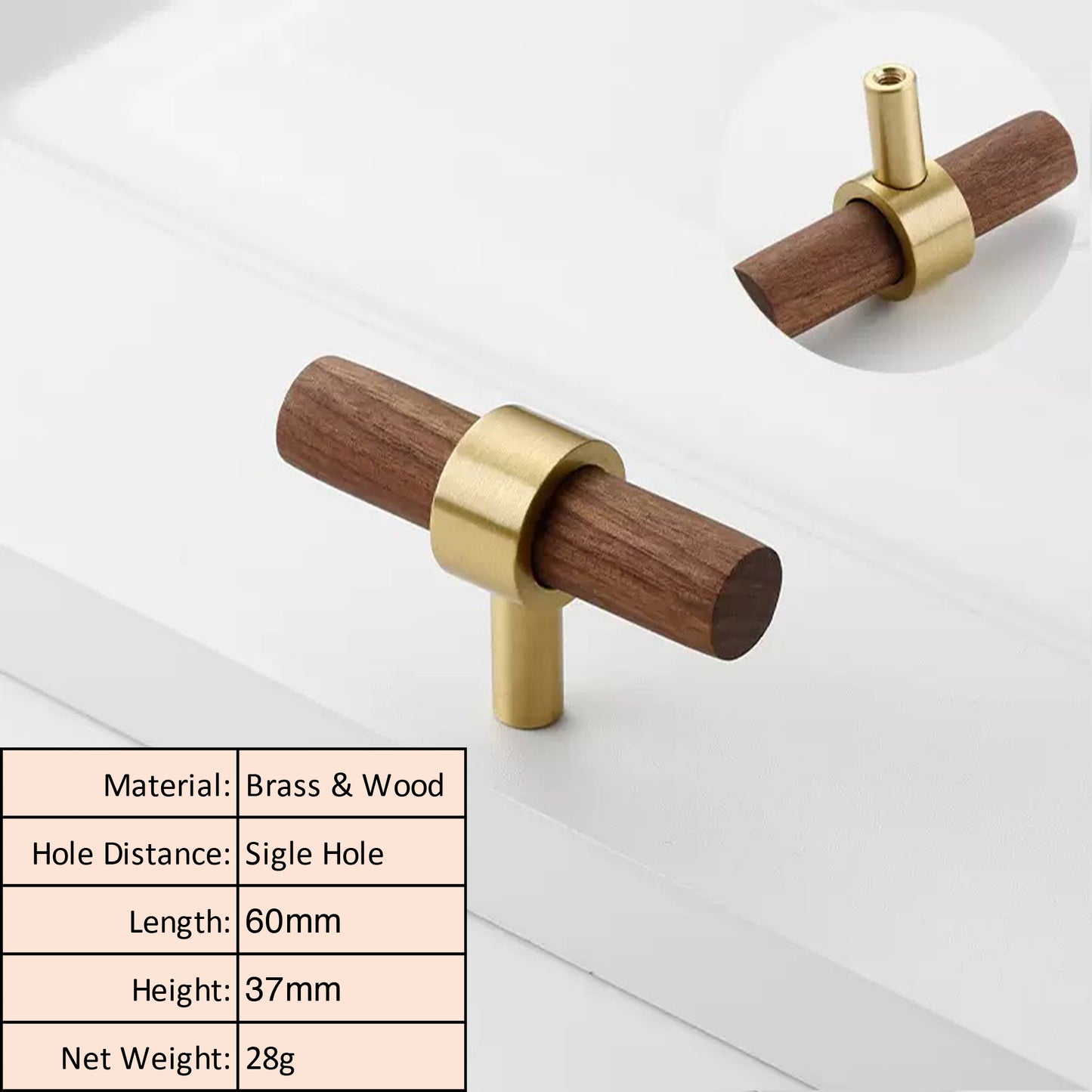 Walnut Wood Cabinet Pull with Solid Brass