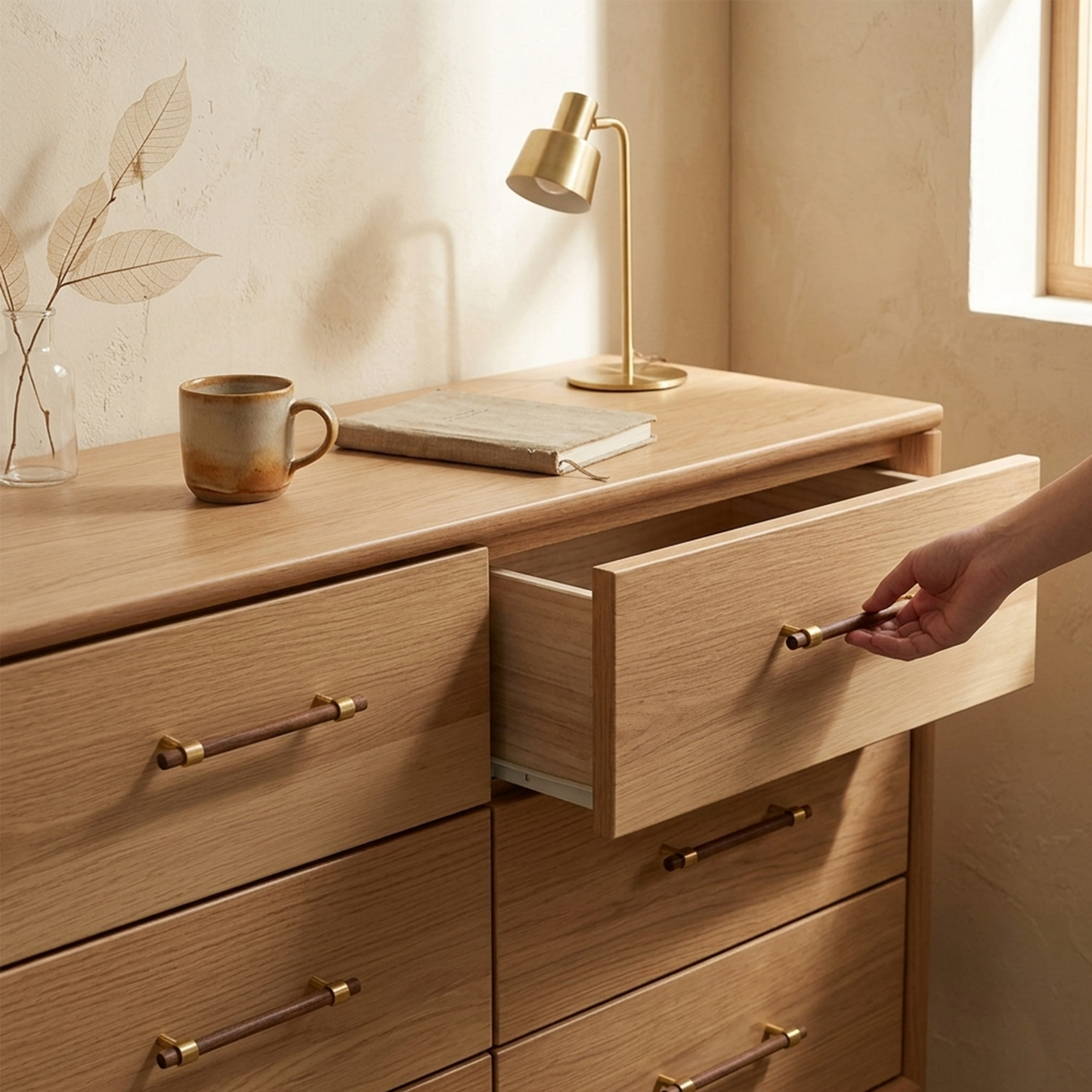Walnut Wood Cabinet Pull with Solid Brass