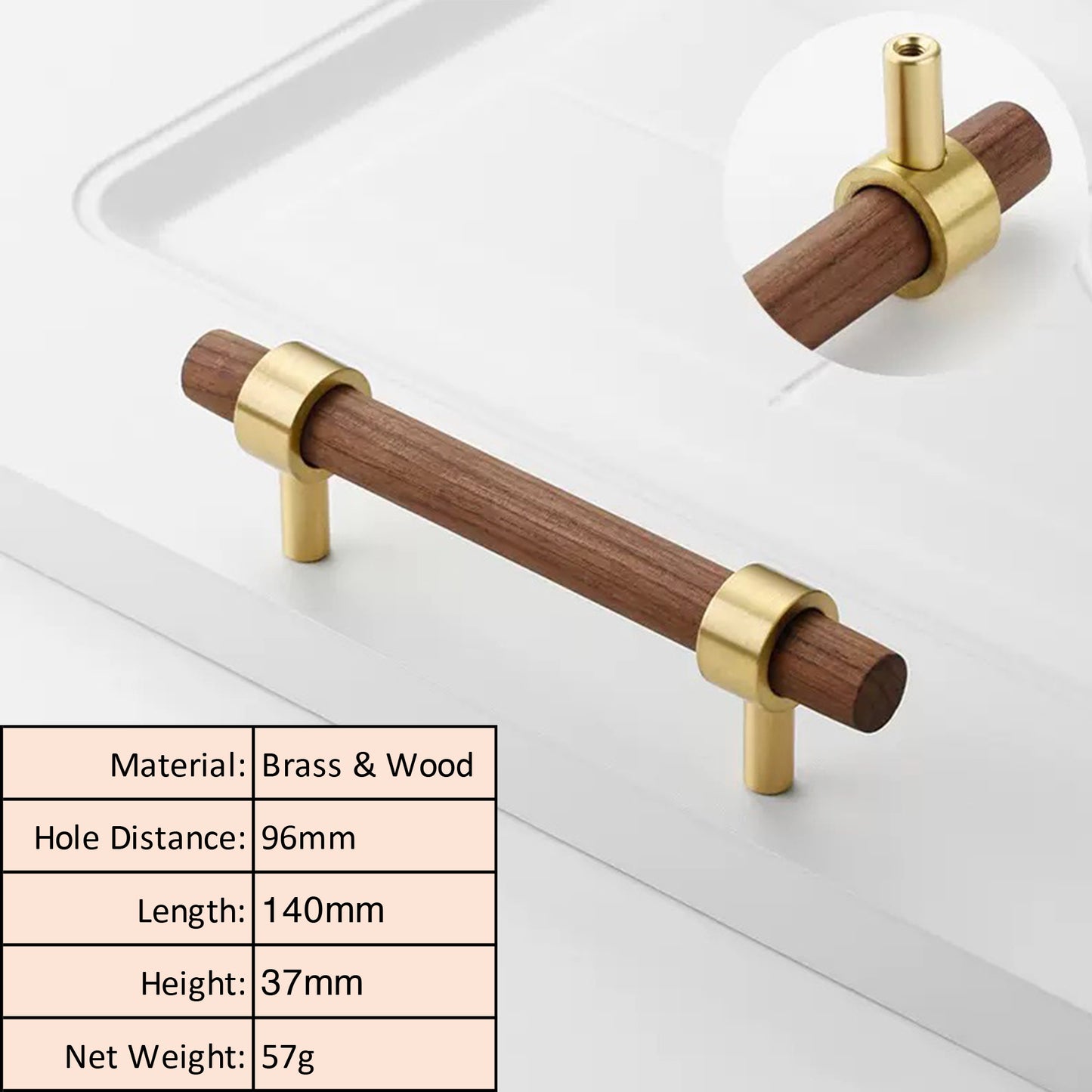 Walnut Wood Cabinet Pull with Solid Brass