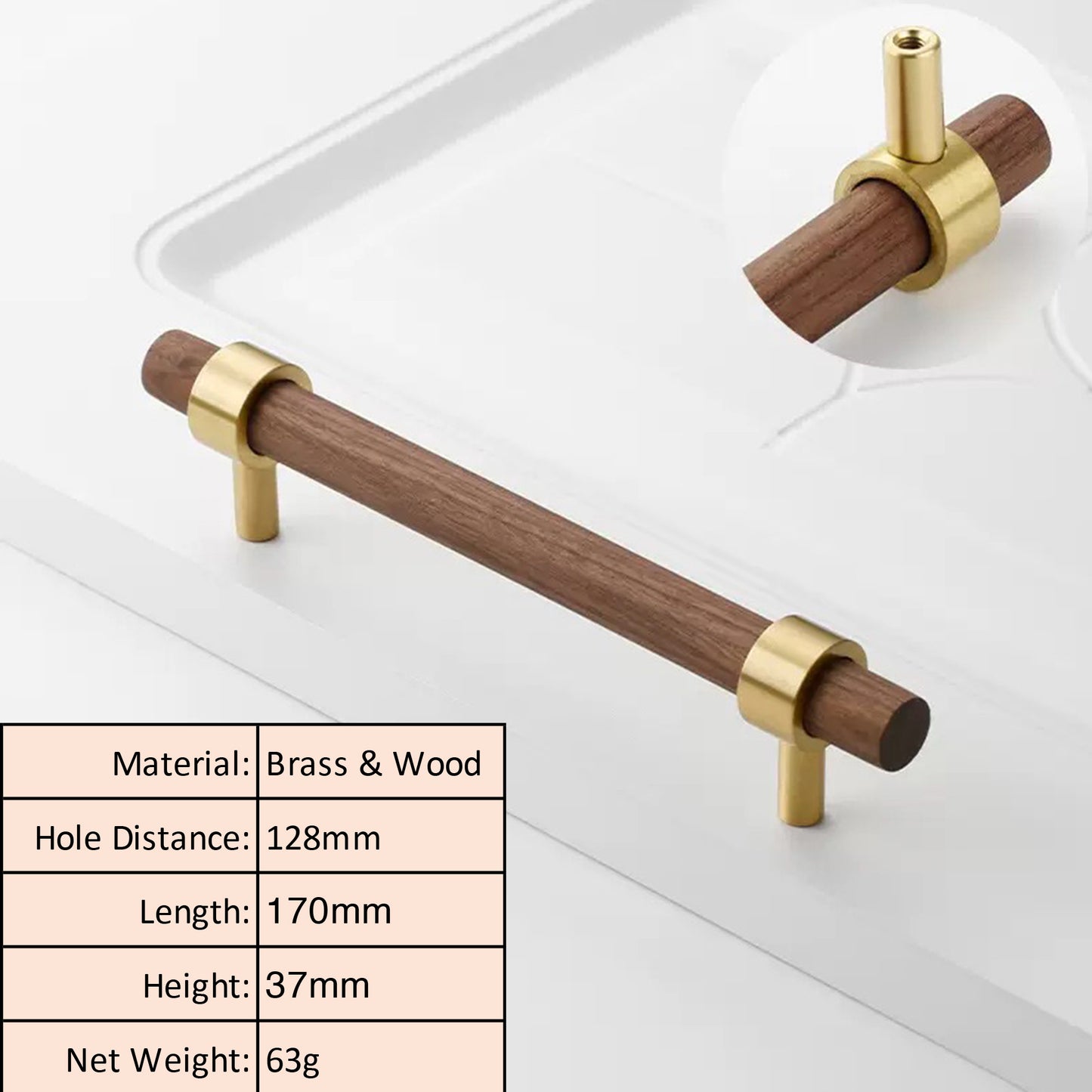 Walnut Wood Cabinet Pull with Solid Brass
